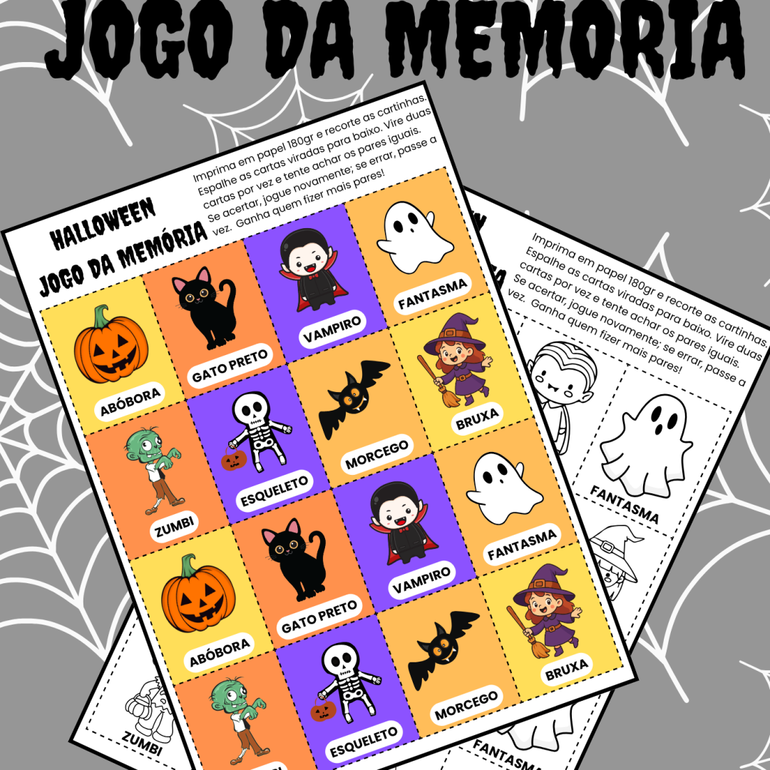 Jogo da Memória Halloween 🎃 — imprima, recorte e divirta-se! Atividade lúdica para desenvolver atenção e concentração com cartas temáticas de bruxa, abóbora, vampiro e muito mais.