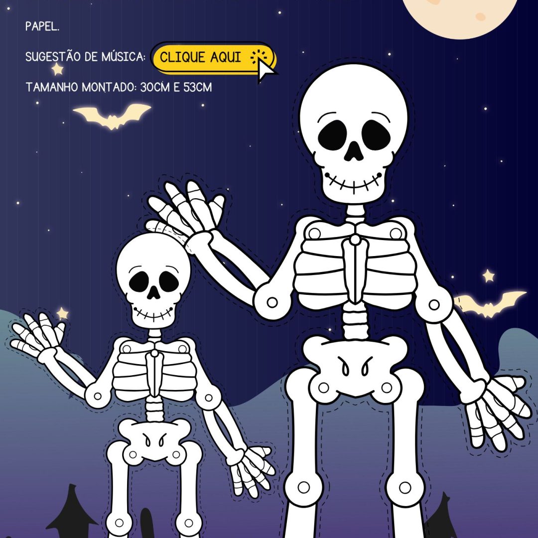 Monte o seu esqueleto articulado e divirta-se neste Halloween! Atividade educativa em PDF para recortar, montar e movimentar com colchetes. Ideal para trabalhar corpo humano, coordenação e criatividade em sala de aula.