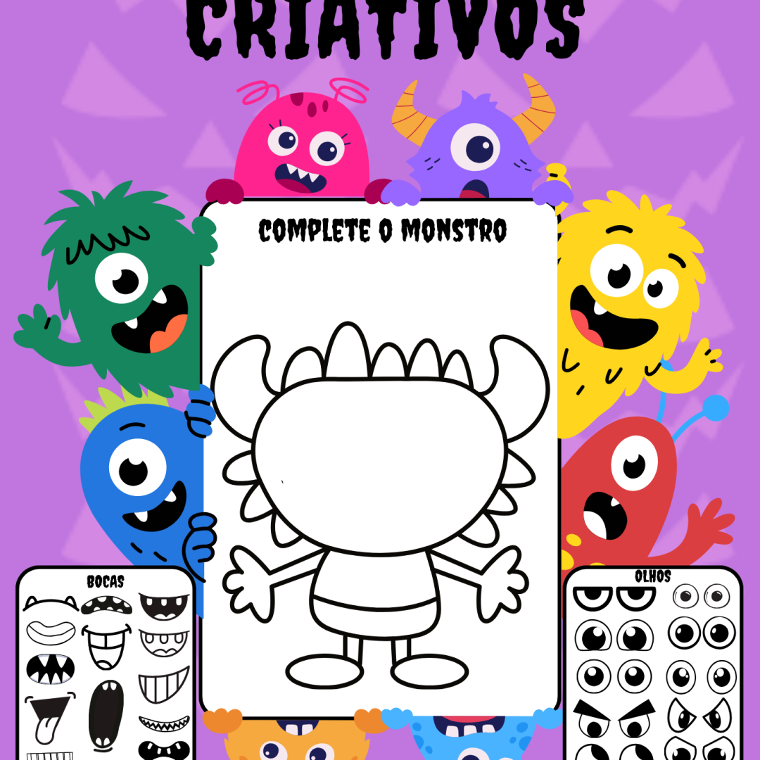 Crie e pinte monstrinhos únicos neste divertido arquivo de Halloween! São 25 modelos para completar com olhos, bocas e narizes diferentes. Ideal para atividades de arte, coordenação e imaginação infantil.