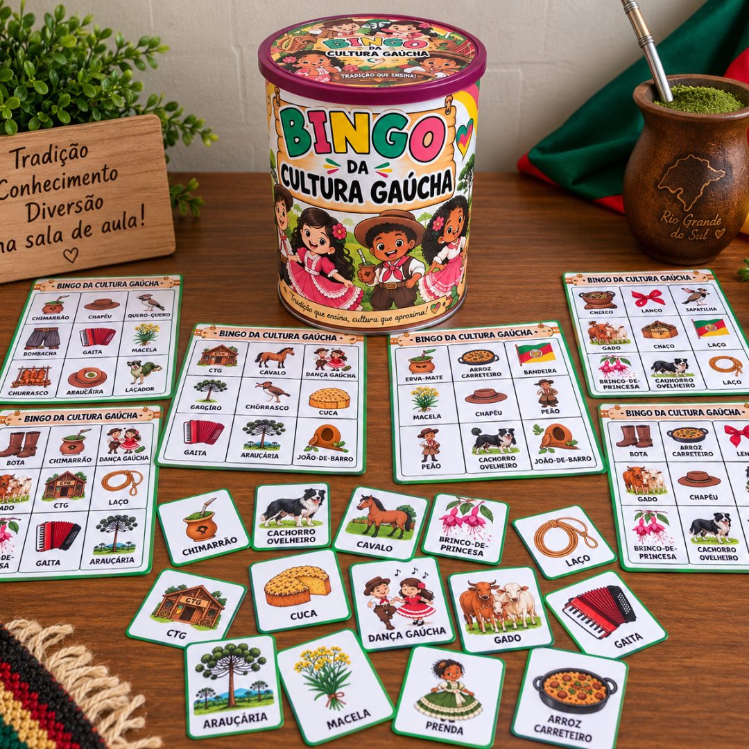BINGO DA CULTURA GAÚCHA 💚❤️💛 Transforme a Semana Farroupilha em uma experiência divertida e cheia de significado! 🤠 O Bingo da Cultura Gaúcha foi criado para proporcionar momentos de brincadeira, interação e aprendizagem enquanto as crianças conhecem diferentes elementos da cultura do Rio Grande do Sul.