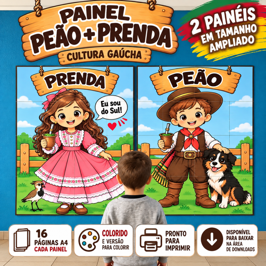 painel gaúcho, painel peão, painel prenda, cultura gaúcha, semana farroupilha, painel semana farroupilha, decoração sala de aula, educação infantil, atividades cultura gaúcha, painel A4, painel 4x4, prenda e peão.