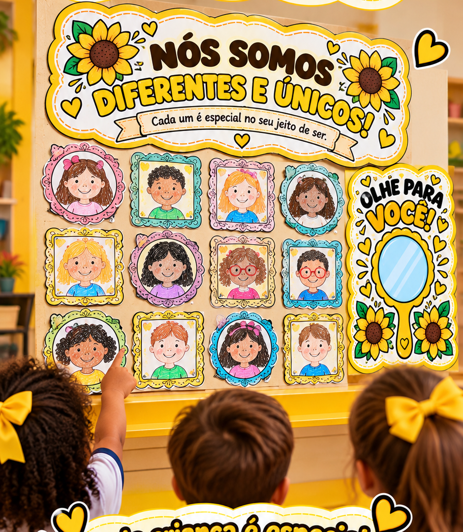 Uma experiência lúdica para trabalhar autoestima, identidade e valorização de si na infância. A Missão: Olhe para Você! é uma proposta pedagógica para Educação Infantil e Anos Iniciais, criada para trabalhar autoestima, identidade, autoconhecimento e valorização das características individuais de forma lúdica e significativa. A criança é convidada a se olhar no espelho, observar suas características e perceber que cada pessoa é única e especial. Depois, registra essa experiência por meio de um autorretrato, criando uma produção que pode ser compartilhada e valorizada pela turma. 💛 O QUE A CRIANÇA VIVENCIA? 🪞 Olhar para si com carinho 🌻 Reconhecer suas características e identidade 💛 Perceber que cada pessoa é única 🎨 Criar seu próprio autorretrato 🖼️ Valorizar e compartilhar sua produção com a turma ✨ O QUE VOCÊ RECEBE? 📖 Orientações para realizar a missão 🪞 Material para a experiência do espelho 🌻 Elementos decorativos 🖼️ Molduras para os autorretratos 💛 Materiais para montar e personalizar a proposta 🎨 Versões prontas para imprimir 👩‍🏫 UMA PROPOSTA PRONTA PARA USAR Você não precisa criar a atividade do zero. É só imprimir, preparar os materiais e realizar a vivência com a turma. Ideal para trabalhar Setembro Amarelo, autoestima infantil, identidade, valorização de si, educação socioemocional e convivência de maneira adequada à infância. Porque aprender a cuidar de si também começa por reconhecer o próprio valor. 🌻 Indicado para: Educação Infantil e Anos Iniciais do Ensino Fundamental.