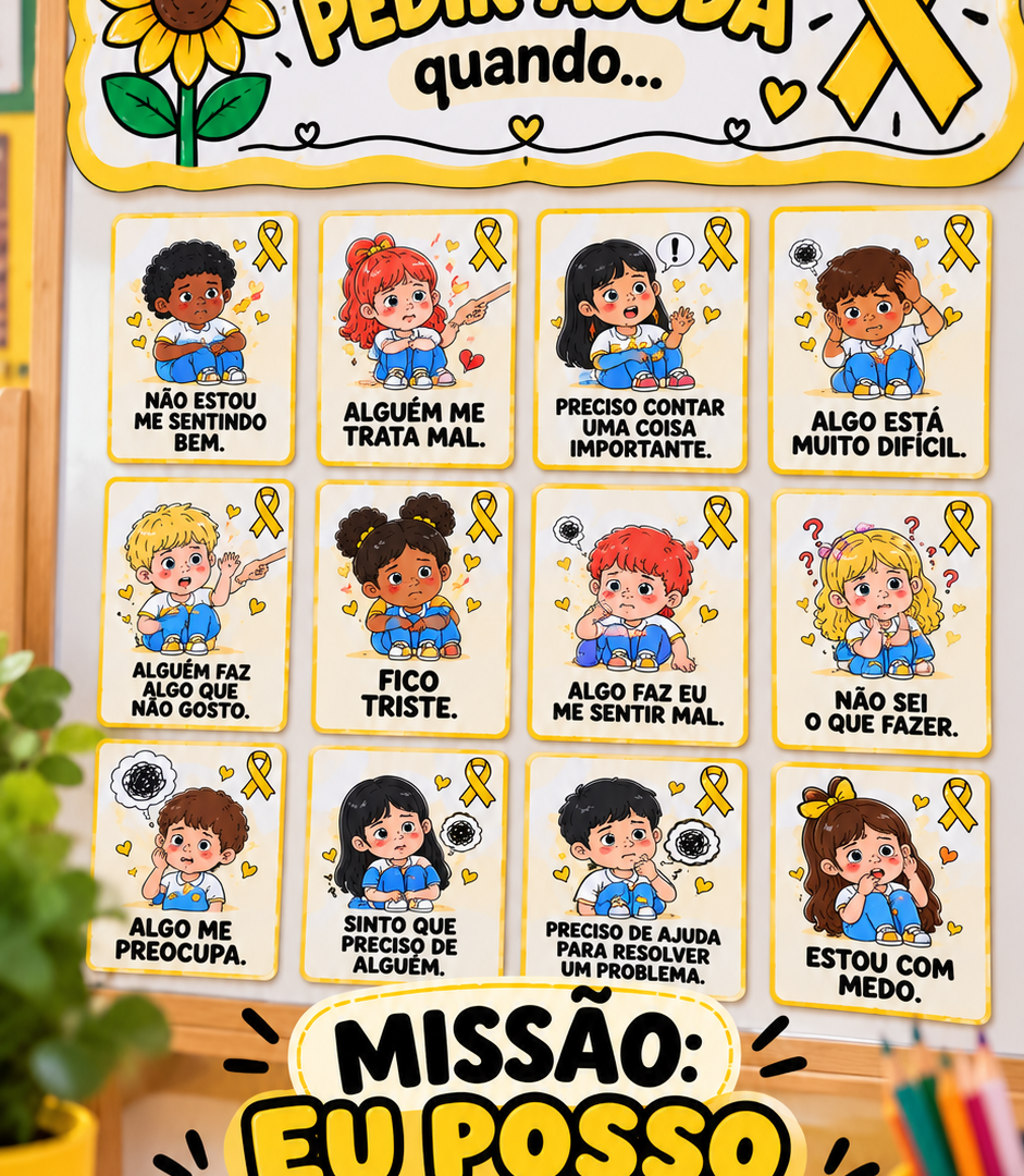 Vivência lúdica para trabalhar Setembro Amarelo com crianças, incentivando a expressão de sentimentos, a escuta e o reconhecimento de adultos de confiança a quem podem pedir ajuda. Inclui banner, 12 cards ilustrados e folha de atividade.