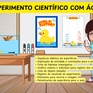 Experiência científica afunda ou flutua para educação infantil e anos iniciais com experimento com água, gráfico de resultados e investigação científica.