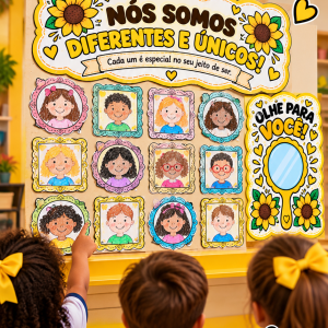 Uma experiência lúdica para trabalhar autoestima, identidade e valorização de si na infância. A Missão: Olhe para Você! é uma proposta pedagógica para Educação Infantil e Anos Iniciais, criada para trabalhar autoestima, identidade, autoconhecimento e valorização das características individuais de forma lúdica e significativa. A criança é convidada a se olhar no espelho, observar suas características e perceber que cada pessoa é única e especial. Depois, registra essa experiência por meio de um autorretrato, criando uma produção que pode ser compartilhada e valorizada pela turma. 💛 O QUE A CRIANÇA VIVENCIA? 🪞 Olhar para si com carinho 🌻 Reconhecer suas características e identidade 💛 Perceber que cada pessoa é única 🎨 Criar seu próprio autorretrato 🖼️ Valorizar e compartilhar sua produção com a turma ✨ O QUE VOCÊ RECEBE? 📖 Orientações para realizar a missão 🪞 Material para a experiência do espelho 🌻 Elementos decorativos 🖼️ Molduras para os autorretratos 💛 Materiais para montar e personalizar a proposta 🎨 Versões prontas para imprimir 👩‍🏫 UMA PROPOSTA PRONTA PARA USAR Você não precisa criar a atividade do zero. É só imprimir, preparar os materiais e realizar a vivência com a turma. Ideal para trabalhar Setembro Amarelo, autoestima infantil, identidade, valorização de si, educação socioemocional e convivência de maneira adequada à infância. Porque aprender a cuidar de si também começa por reconhecer o próprio valor. 🌻 Indicado para: Educação Infantil e Anos Iniciais do Ensino Fundamental.